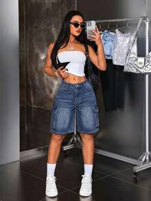 Jeanoix Plus Size Plain Simple Casual Streetwear Denim Shorts Day Navy Blue Summer - Medium Wash - View 7