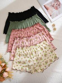 PetitDoll Paquete de 5 bragas tipo short de algodón cómodo con estampado floral y ribete de volantes - Multicolor - Ver 2
