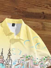 Manfinity Joysei Camisa holgada con estampado de paisaje de playa casual de verano para hombres - Amarillo claro - Ver 4