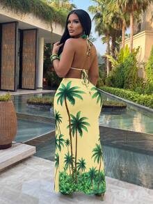 Veslaya Plus Size Women's Yellow Summer Vacation Holiday Floral Print Camisole & Midi Skirt 2-Piece Set,Elegant Beach Party,Cruise,Wedding Guest Streetwear - Yellow - View 2