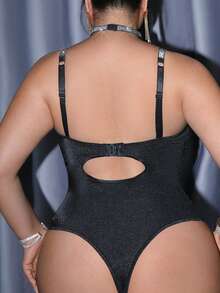 MidnightGlam Plus Size Women Shiny Silver Bowknot Camisole Bodysuit With Neck Scarf 2 Pieces Set, Black Summer Rave Lingerie For Honeymoon,Date Night Outfit - Black - View 2
