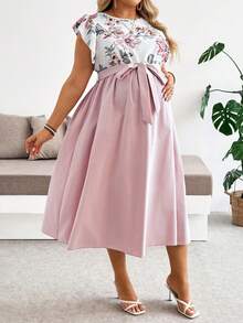 SHEIN Plus Size Maternity Dress Summer Pregnant Pink Floral For A Comfortable And Casual Vacation Elegant Print Patchwork - Pink - View 7