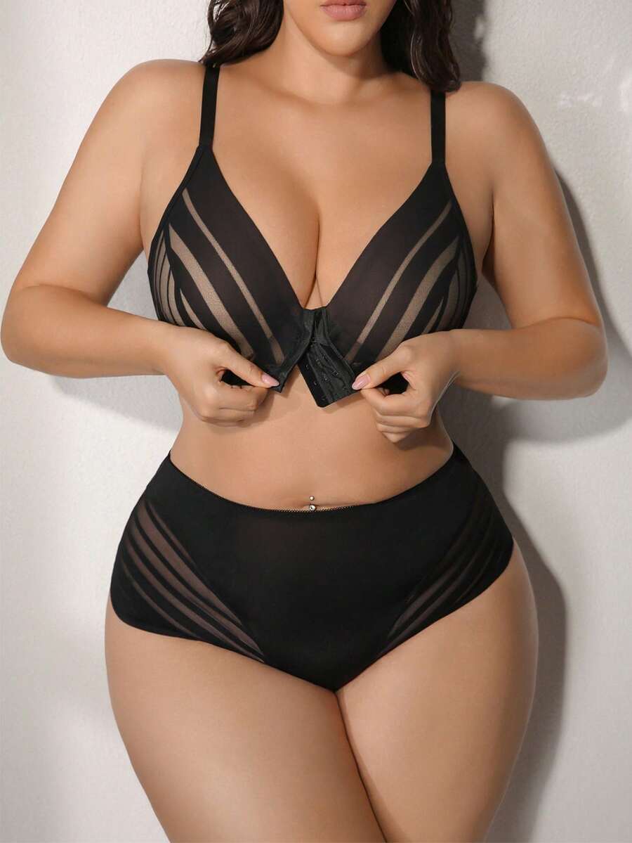 SHEIN 2 piezas Conjunto de lencería sexy con parches de malla de talla grande - Negro - Ver 1