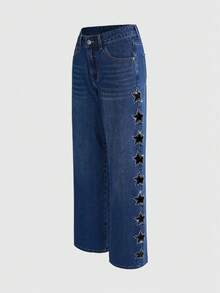 ROMWE Y2K Street Wear Y2k Casual Distressed Navy Blue Denim Jeans With Star Cutout Rhinestone Decor For Women Night Out Autumn - Blue - View 2