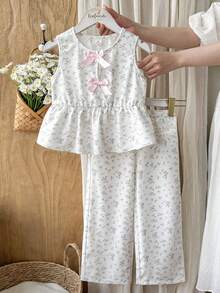 SHEIN Vintaside Kids 女童两件套碎花套装，宽松无袖蝴蝶结装饰背心+阔腿裤，甜美可爱休闲装，夏季 - 粉色 - 查看 3