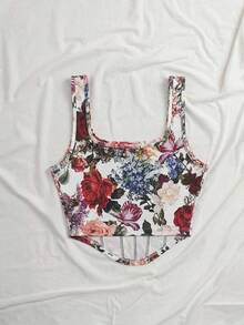 SHEIN VCAY Áo tank top cỡ lớn in hoa, cổ vuông, vạt bất đối xứng, thời trang - Nhiều màu - Xem 2