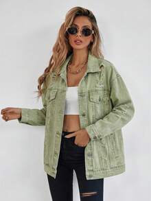 Selenza Áo khoác denim màu xanh dương cài nút, túi nắp phía trước, vai rớt - xanh quân đội - Xem 7
