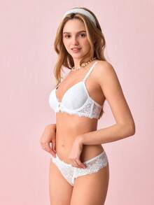 2 piezas Conjunto de sujetador con aros y relleno de encaje para mujeres - Blanco - Ver 7