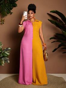 Maweii Plus Size Color Block Half-Zip Lapel Wide Leg Jumpsuit Brunch Formal Pink Summer Casual - Multicolor - View 4