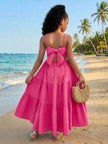 SHEIN Tween Girl Vacation Leisure Solid Color Ruffle Hem Back Bowknot Dress, Rose Red, For Spring/Summer Holiday Outfits - Hot Pink - View 8