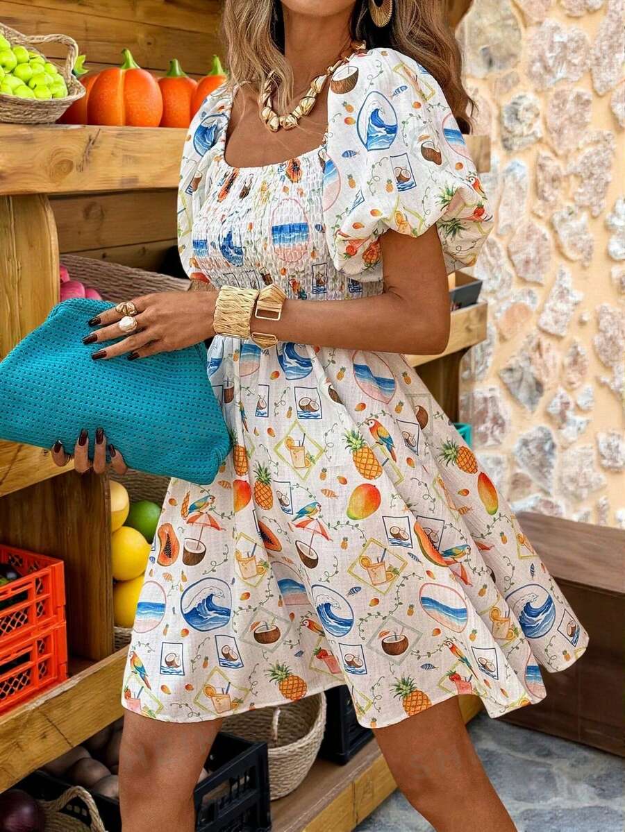Selianne 女士优雅度假风彩色印花方领灯笼袖抽绳腰A字短裙 - 彩色 - 查看 1