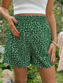 SHEIN Maternity Summer Casual Ditsy Floral Elastic Waist Shorts - Green - View 3