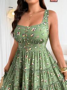 SHEIN PETITE CURVE 小巧精致的碎花吊带A字连衣裙 - 綠色 - 查看 3