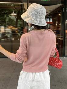 DAZY 女士休闲日常/通勤/度假波点爱心刺绣单排扣开衫，春秋季 - 粉色 - 查看 8