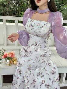 Feyla Women's Floral Print Square Neck Elegant Long Sleeve Midi Dress - Mauve Purple - View 6