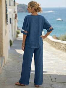 EMERY ROSE Conjunto de camisa de manga larga y pantalones de pierna ancha para mujer en otoño - Azul - Ver 2