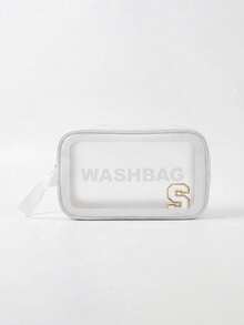 1PC Transparent Letter Toiletry Bag,Fashionable New Square Solid Color Makeup Bag With Embroidery Letters Summer Travel, Vacation Home Bathroom Decor Holiday Makeup Organizer Bathroom - White - View 21