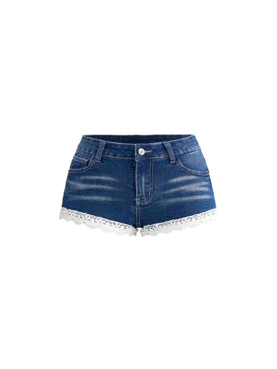 ROMWE Spring/Summer Vacation Casual Low Waist Super Short Lace Patchwork Women Denim Shorts - Light Wash - View 1