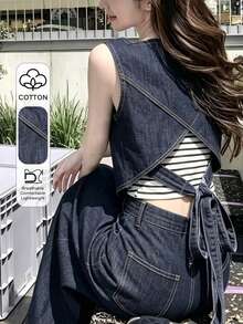 FRIFUL Bộ vest nữ một hàng cúc có túi và quần jeans ống rộng, kiểu dáng thường ngày. - Màu xanh lam - Xem 4