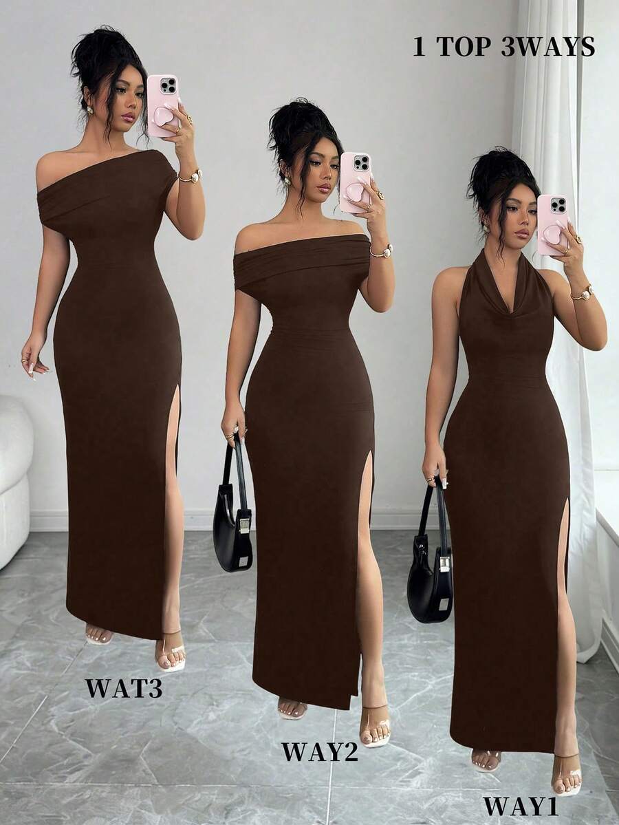 Selianne 3-In-1 Women's Long Dress, Sexy High Slit Hem, Draped Collar, Asymmetrical Shoulder, Suitable For Festivals, Beach Vacations, Tea Parties, Minimalist, Elegant, Black, Graduation Parties, Beach Outfits, Wedding Guest Attire, Ideal For Summer - Brown - View 1