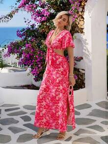 Vivid Eden 女士优雅浪漫度假沙滩装碎花吊带镂空连衣裙，女士V领连衣裙，女士粉色连衣裙 - 粉色 - 查看 5