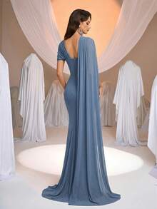 Aureia Đầm phù dâu dáng chữ A sang trọng, thanh lịch, chất liệu dệt kim co giãn, xếp ly, cổ áo bất đối xứng, bồng bềnh. - Màu xanh bụi bặm - Xem 2