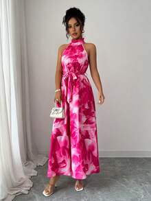 SHEIN Elenzya Elegant Commute & Island Vacation Floral Dress - Hot Pink - View 3