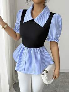 SHEIN Elenzya Blue & White Striped Patchwork Faux Two Pieces Top, Collared Petal Sleeve Ruffle Hem Waist Cinched Commuting Elegant Patchwork Blouse - Multicolor - View 7
