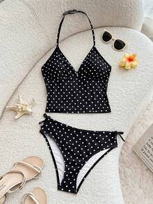 SHEIN Teen Girls' Black Polka Dot Print Tankini 2 Pieces Swimsuit Set, Spaghetti Strap, For Beach Vacation, Spring/Summer - Black - View 4