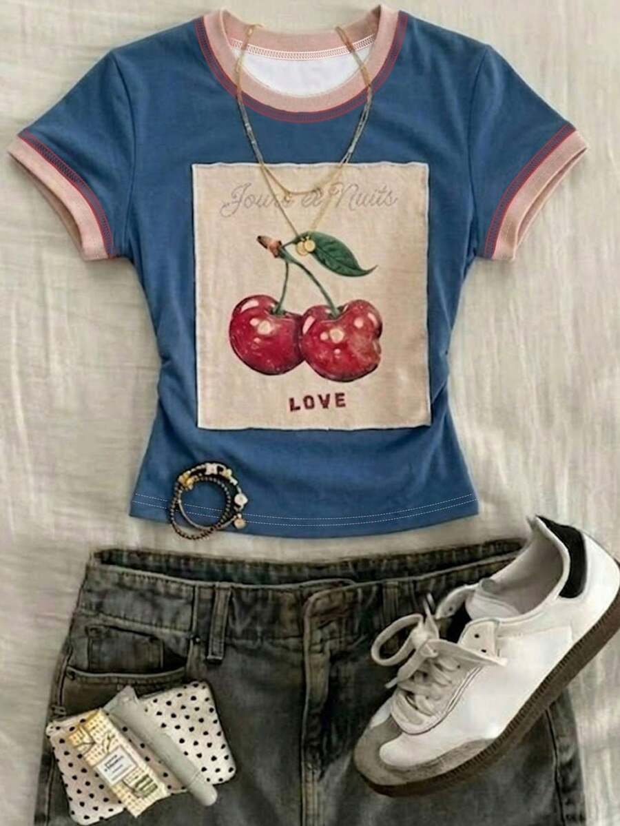 SHEIN 女款戶外休閒運動上衣,夏季新品,拼色櫻桃水果設計,戶外休閒、甜蜜約會、返校、教師節,女款T恤 - 彩色 - 查看 1