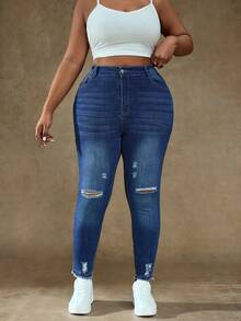 Truni Plus Size Fashion Versatile Washed Distressed Skinny Jeans, For Pear & Triangle Body Shape - Blue - View 4