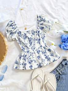 Trelyra 休闲 - 度假休闲系带随机印花花卉衬衫 - 藍色 - 查看 2