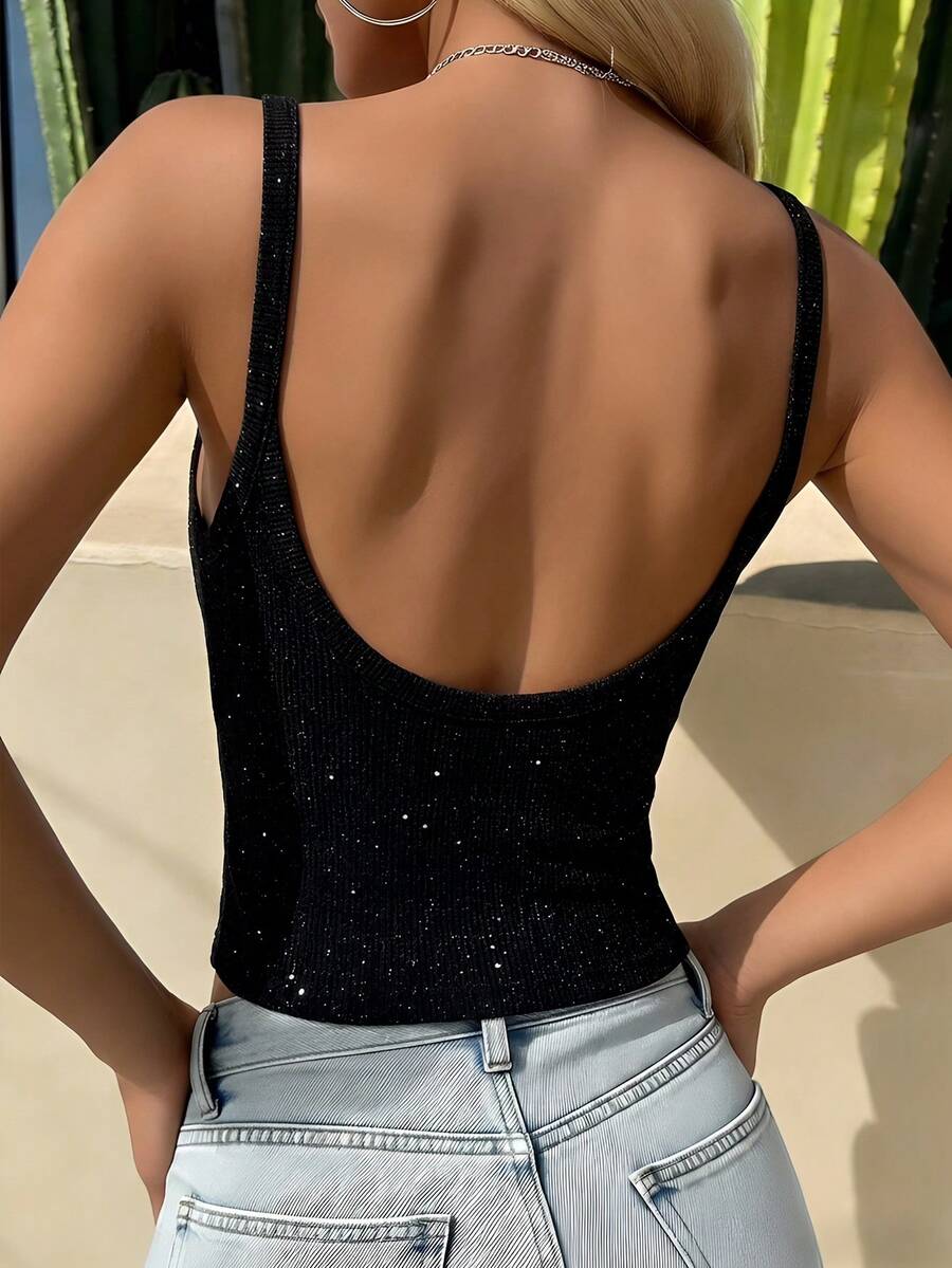 DAZY Camiseta de tirantes corta y ajustada sin espalda para mujer, estilo casual de calle - Negro - Ver 1