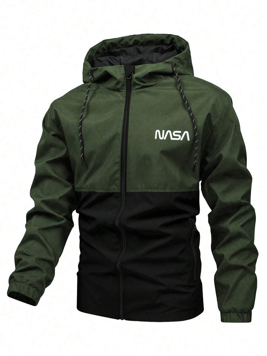 Manfinity Homme Men Long Sleeve Two Tone Letter Graphic Drawstring Hooded Outdoor Windbreaker Jacket, For Fall - Army Green - View 1