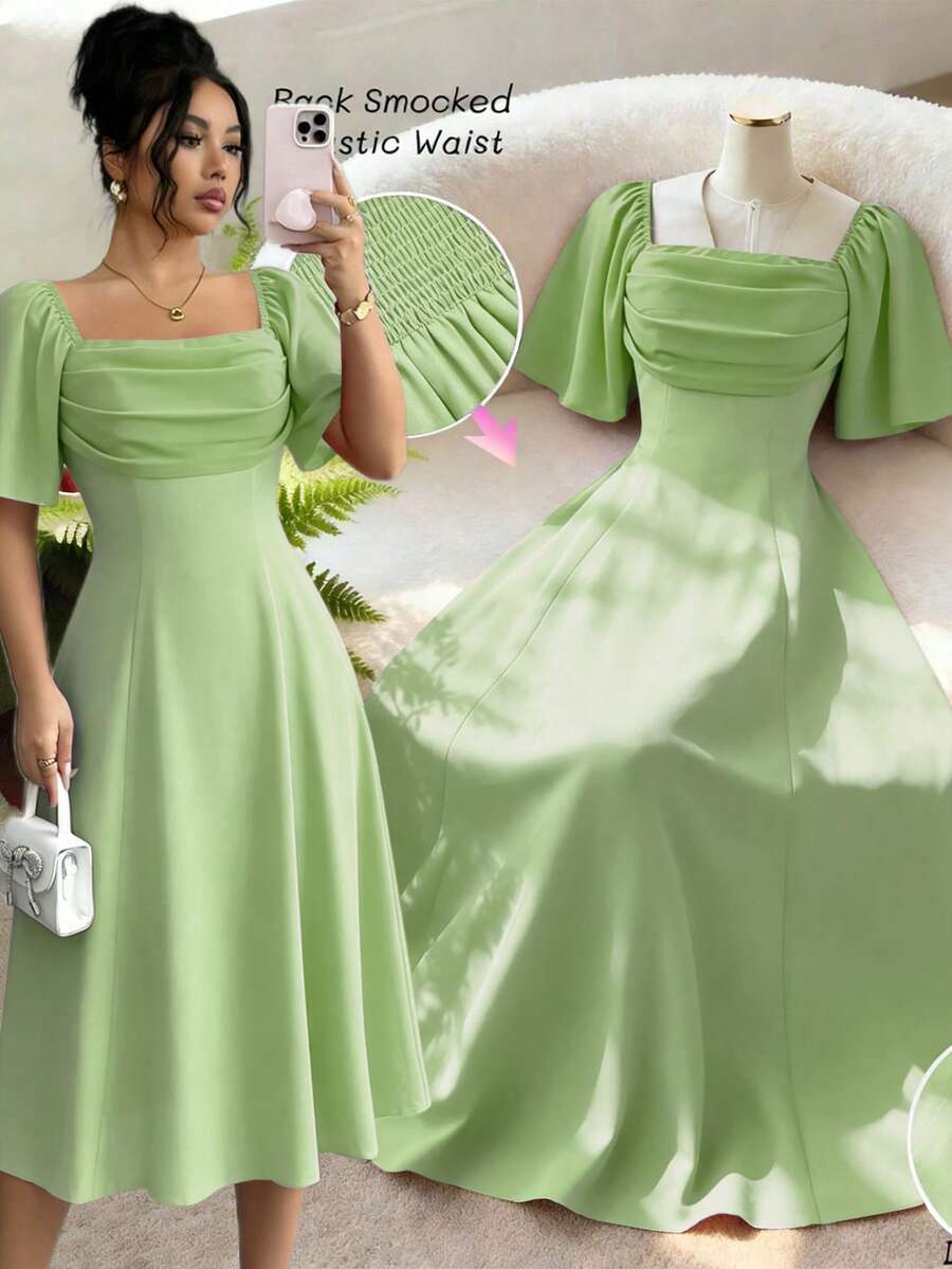 Elenzga Mẫu đầm mới về, cổ vuông, xếp ly phía trước, chất liệu chiffon, hở lưng, thắt eo, kiểu dáng thanh lịch dành cho nữ. - màu xanh lá - Xem 1