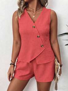 EMERY ROSE Plus Size Woven Casual Resort Summer Women's Two Pieces Set - Watermelon Pink - View 6