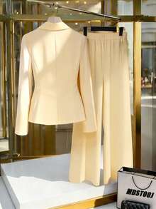 GlowEve Spring New Yellow Elegant Commuter Elegant Women's Gold Button Decor Blazer +Waist Flared Pants With Decorative Button Design Pleated Women 2 Pieces Set,Elegant Everyday Commute Versatile Minimalist Fashion Yellow Set Fall Cloth For Women - Yellow - View 2