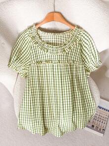SHEIN Cosyjoi Áo kiểu nữ cỡ lớn mùa hè dáng rộng, họa tiết hoa, tay bồng, viền bèo nhún, kiểu cánh hoa. - màu xanh lá - Xem 7