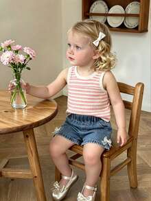 Elladie kids Completo estivo da ragazza composto da top smanicato a righe, rinfrescante ed energico, e shorts alla moda con decorazione a fiocco, vivace e dolce per uso quotidiano - Multicolore - Visualizzare 5