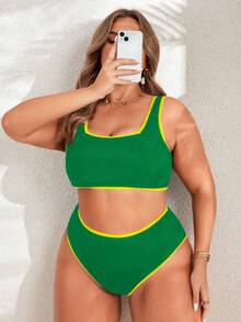Swim Lushoire Plus Size Summer Vacation Beach Ribbed Bikini Set - Green - View 1