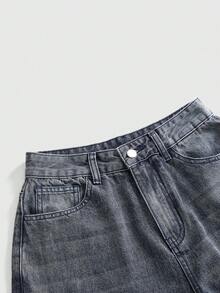 ROMWE Grunge Punk 复古街头风男女通用五角星贴布宽松休闲牛仔七分裤 - 深色水洗藍 - 查看 3
