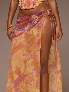 MUSERA Contrast Printed Chiffon Tie Side Flowy Maxi Skirt Only Girly Spring Summer Vacation Night Out Cute Occassion Golden Sands - Multicolor - View 5