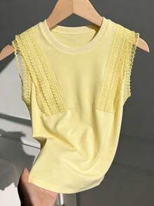 Mulvari Women's Pale Yellow Lace Patchwork Cap Sleeve Round Neck T-Shirt,Summer Elegant Everyday Loose Flattering Fashionable Versatile Top - Yellow - View 3