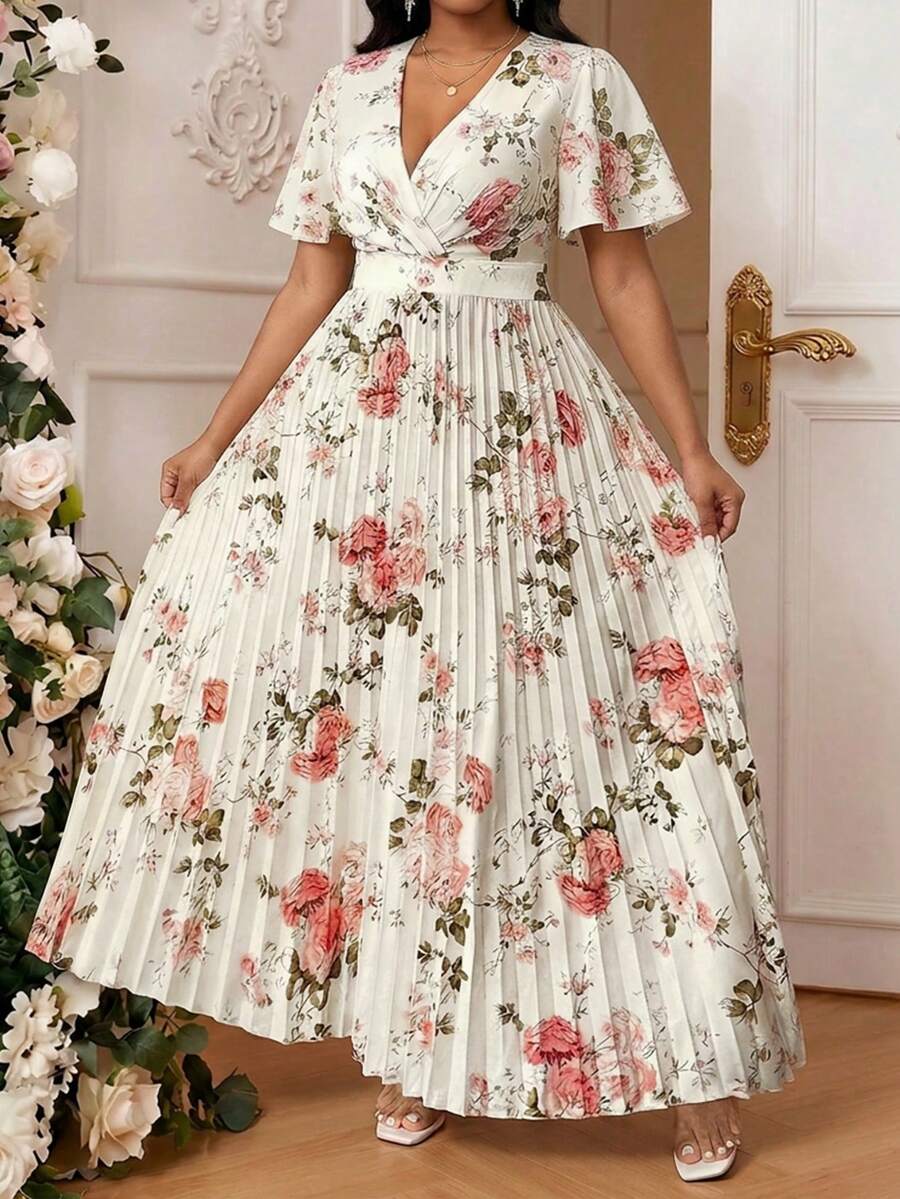 SHEIN Lady Đầm ngắn tay xếp ly cổ chữ V in hoa cỡ lớn, thanh lịch - Nhiều màu - Xem 1