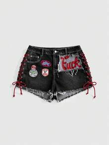 ROMWE Avant Quần short denim dáng ôm mini, kiểu dáng thể thao Y2K retro dành cho nữ, chất liệu jersey, có logo in nổi, dây rút, cạp thấp, gợi cảm. - Xám - Xem 5
