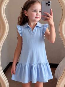 Đầm nữ trẻ tuổi, kiểu dáng thường ngày, đa năng, thoải mái, rộng rãi, cổ bẻ, gấu váy xếp ly. - Màu xanh lam - Xem 1