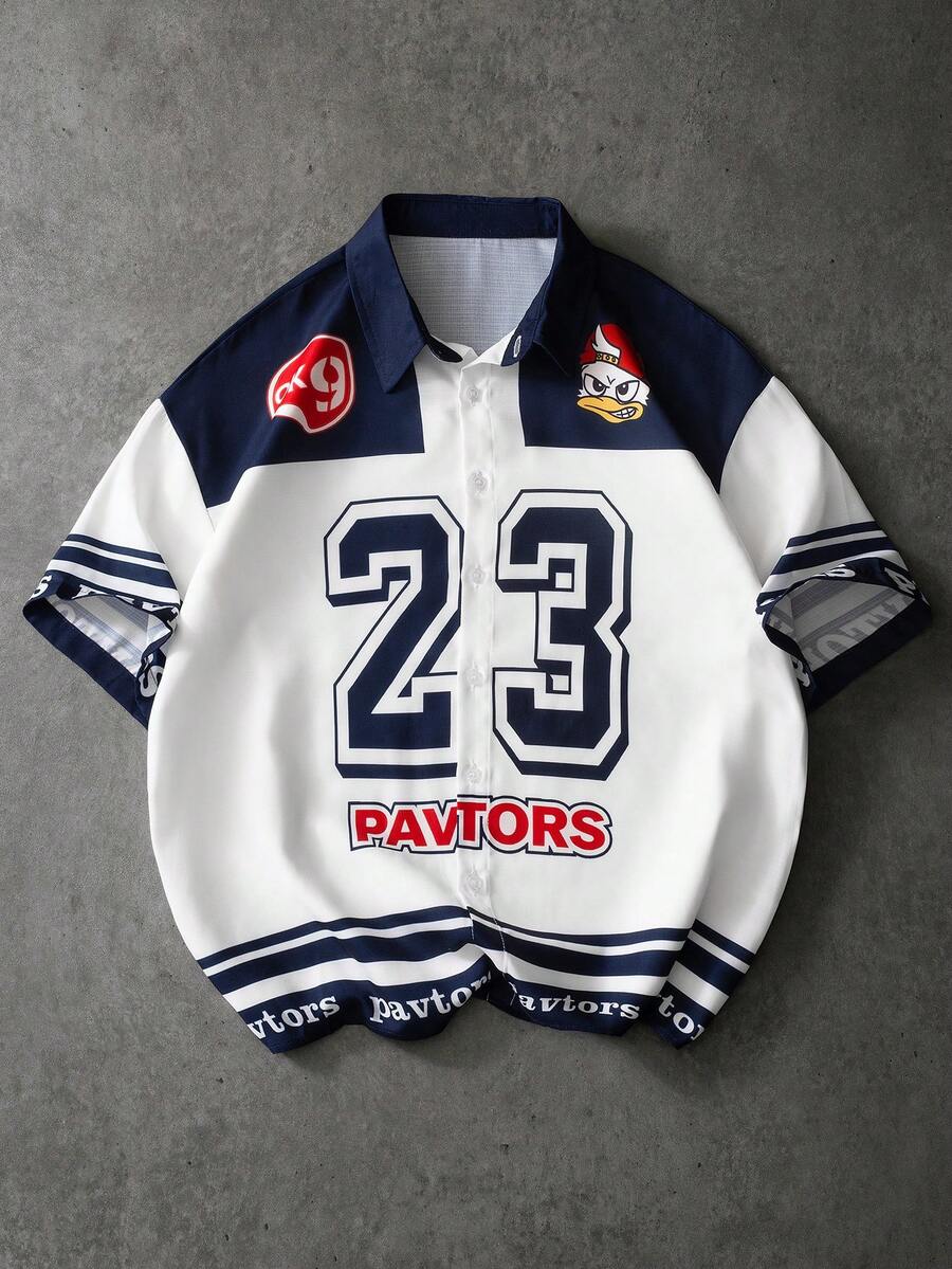 PAVTROS Men's Contrast Color Letter & Cartoon Print Button-Front Short Sleeve Shirt Football - Blue and White - View 1