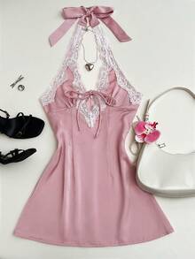 SHEIN PETITE 春夏粉色时尚休闲通勤女式深V吊带露背修身A字迷你连衣裙，适合休闲派对、约会、娇小身材 - 粉色 - 查看 3