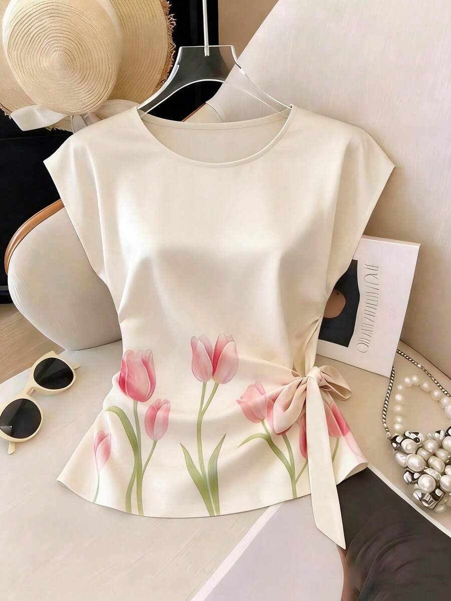 SHEIN Franclia Áo thun nữ bằng vải satin in hoa thanh lịch, hàng mới về. - Màu be - Xem 1