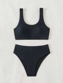 SHEIN Swim Women's Solid Color Bikini Set For Summer Beach & Swimming Pool - Black - View 5